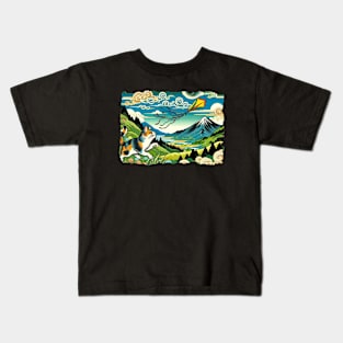 Vintage Japanese Art Kite Flying Mountain Mt. Fuji Cute Cat Kids T-Shirt